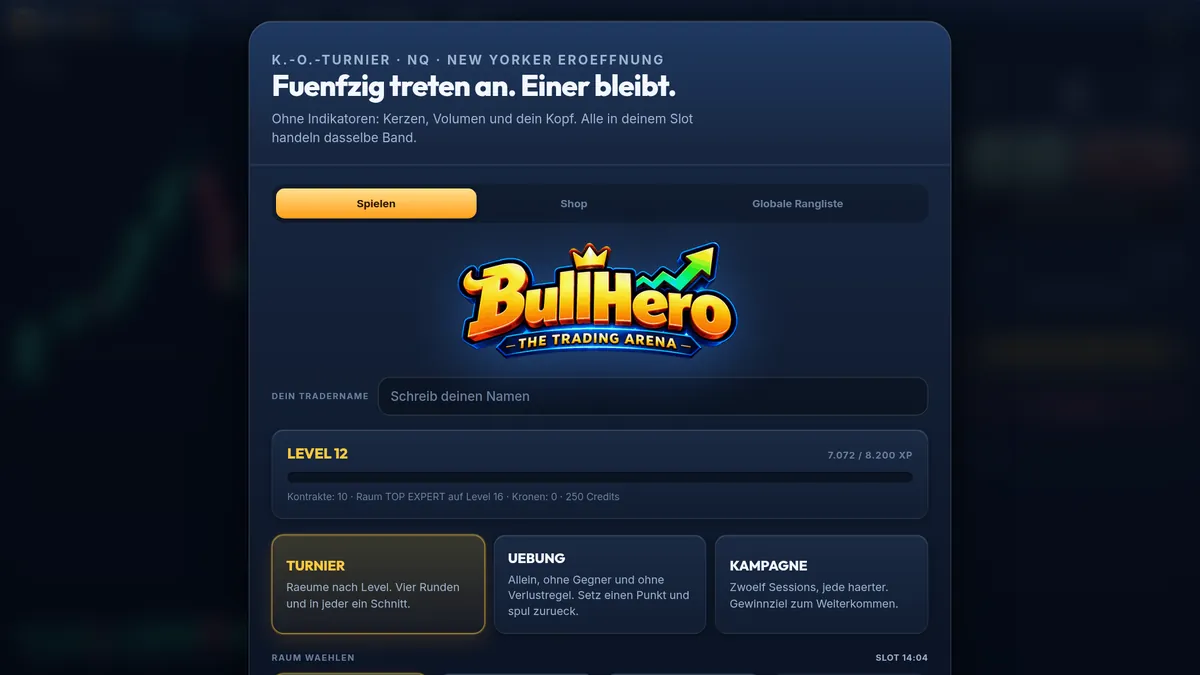 Startbildschirm von BullHero mit Logo, Fortschrittsbalken auf Level 12 und den drei Spielmodi Turnier, Übung und Kampagne