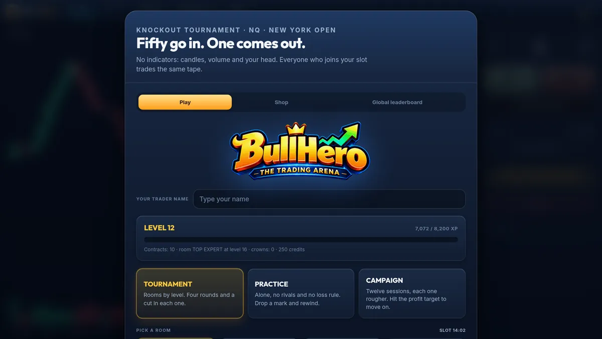 BullHero start screen with the logo, a level 12 progress bar and the three game modes: Tournament, Practice and Campaign