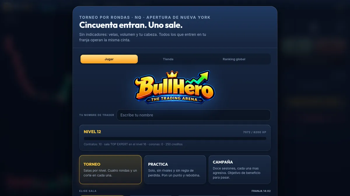 Pantalla de inicio de BullHero con el logo, la barra de progreso del nivel 12 y los tres modos de juego: Torneo, Práctica y Campaña