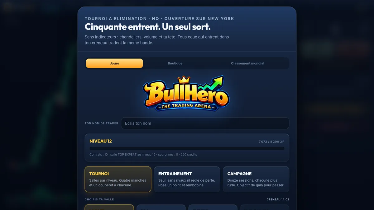 Écran d’accueil de BullHero avec le logo, la barre de progression du niveau 12 et les trois modes : Tournoi, Entraînement et Campagne