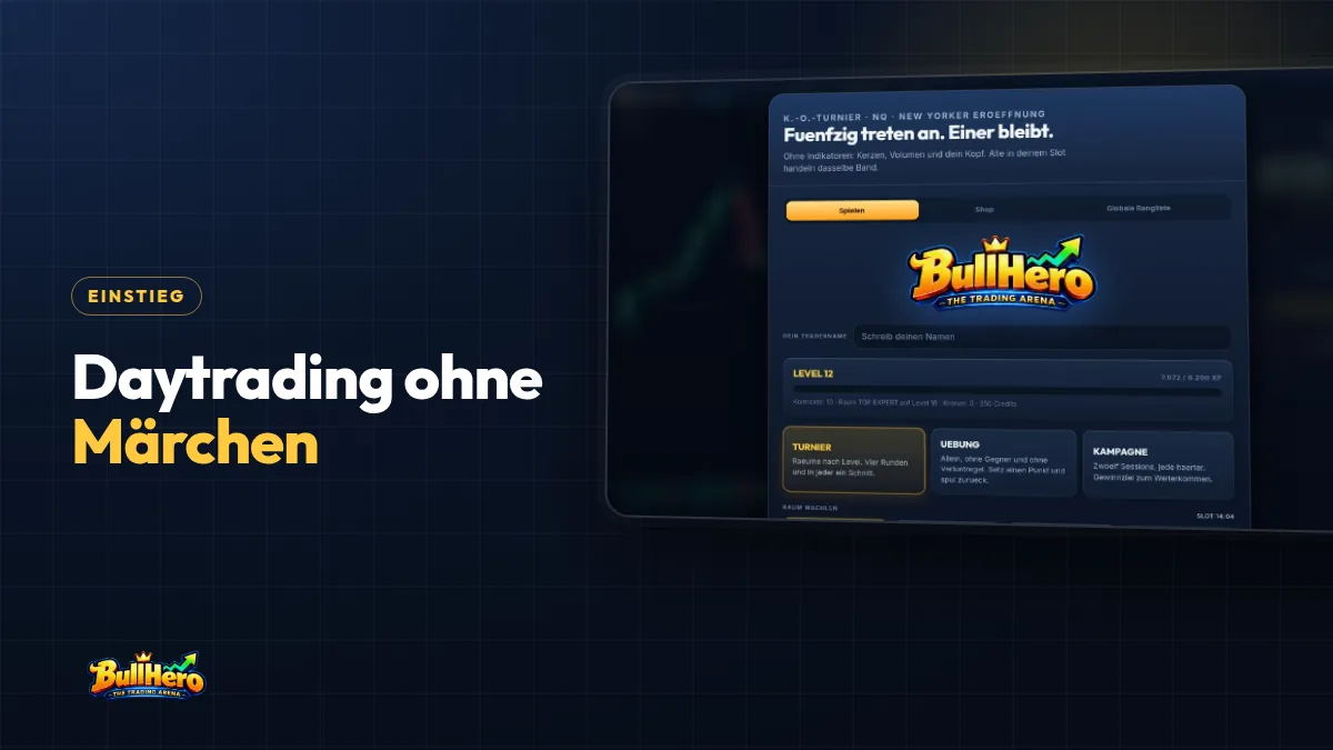 Daytrading für Anfänger: dunkelblaues Cover mit goldener Schrift und dem BullHero-Startbildschirm mit Level-12-Balken und drei Spielmodi