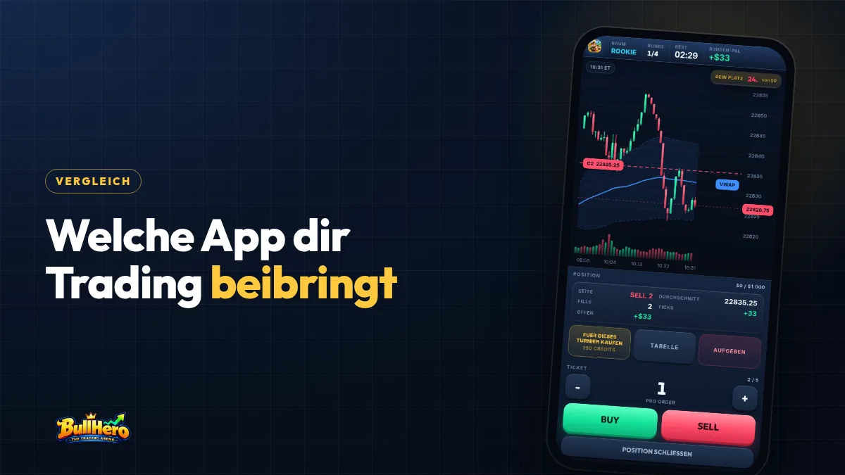 Trading lernen App: dunkelblaues Cover mit goldener Schlagzeile, daneben BullHero am Handy mit VWAP, Position im Gewinn und großen Kauf- und Verkaufsbuttons