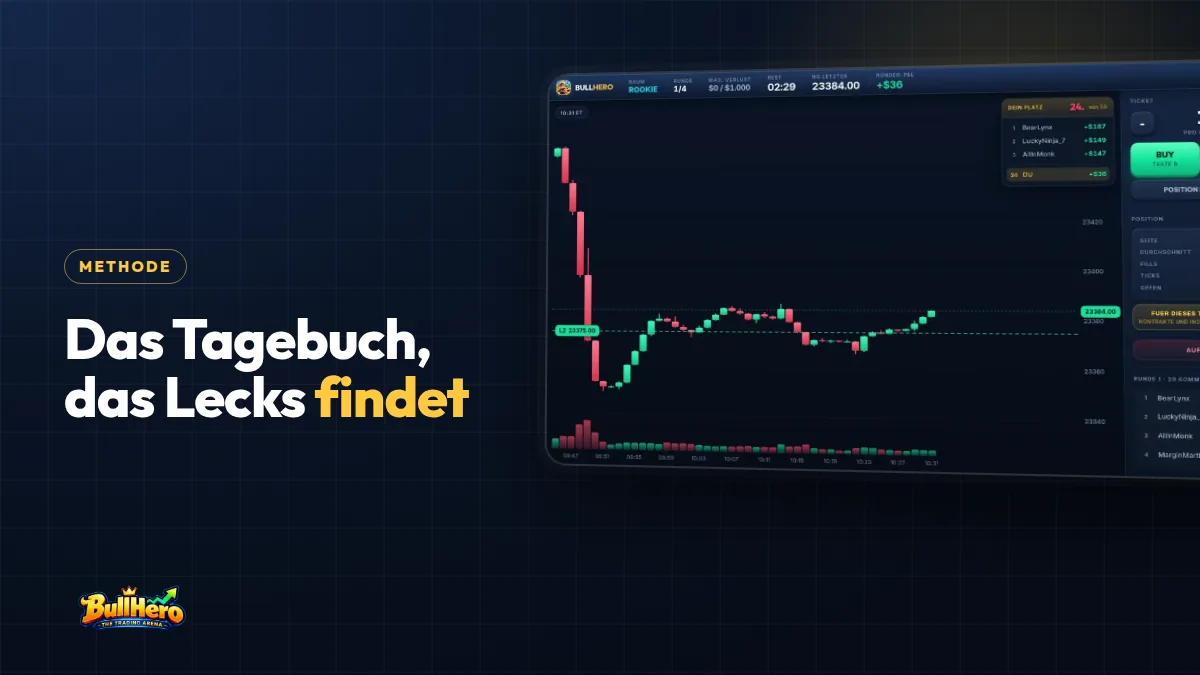 Trading Tagebuch: dunkelblaues Cover mit goldener Schrift und einer BullHero-Runde mit NQ-Kerzen und einer Long-Position über 2 Kontrakte im Gewinn