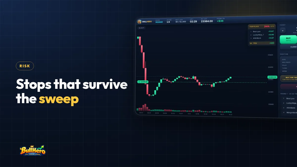 Where to place a stop loss: navy BullHero cover with a gold headline beside a framed NQ chart showing a 2-contract long in profit