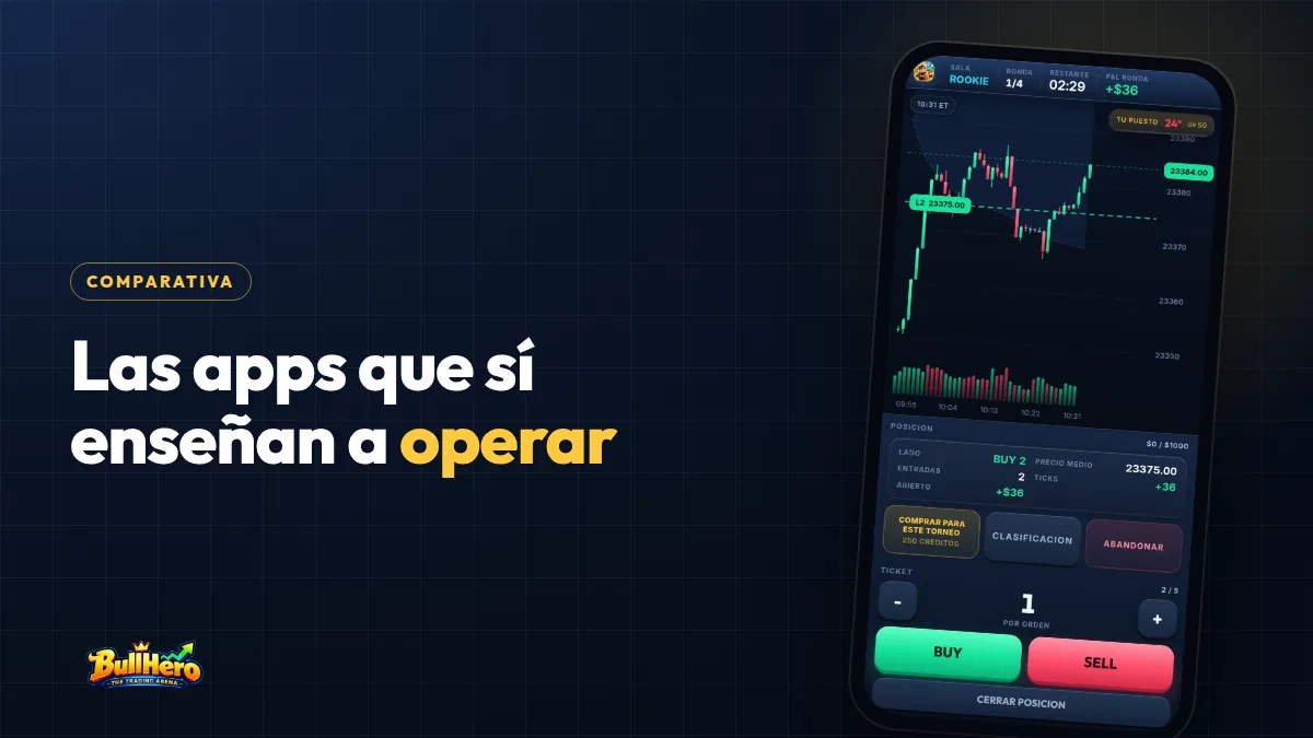 Apps para aprender trading: portada azul marino con titular dorado y BullHero en un móvil con VWAP, posición en ganancia y botones de compra y venta