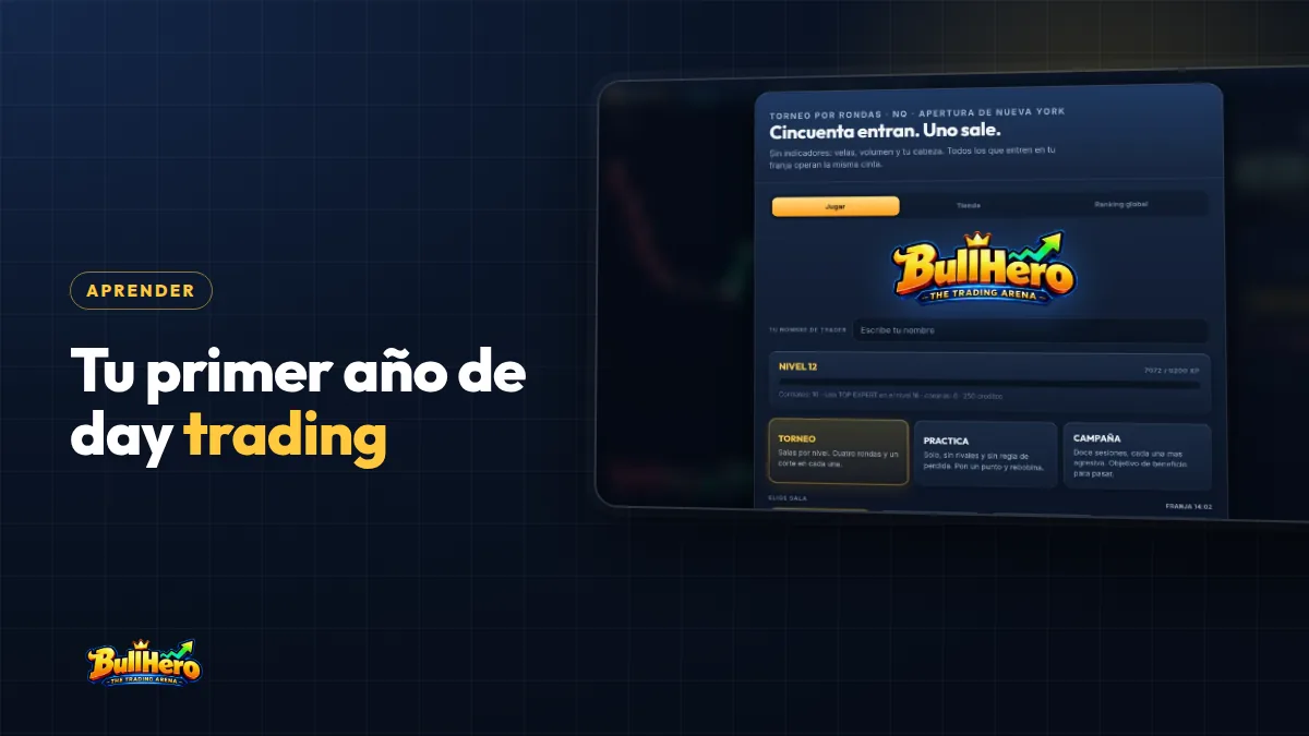 Portada de day trading para principiantes: fondo azul marino, titular dorado y la pantalla de inicio de BullHero con nivel 12 y sus tres modos