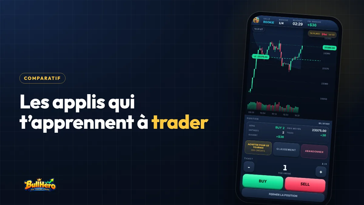 Application pour apprendre le trading : couverture bleu marine au titre doré, BullHero sur mobile avec VWAP, position gagnante et boutons BUY et SELL