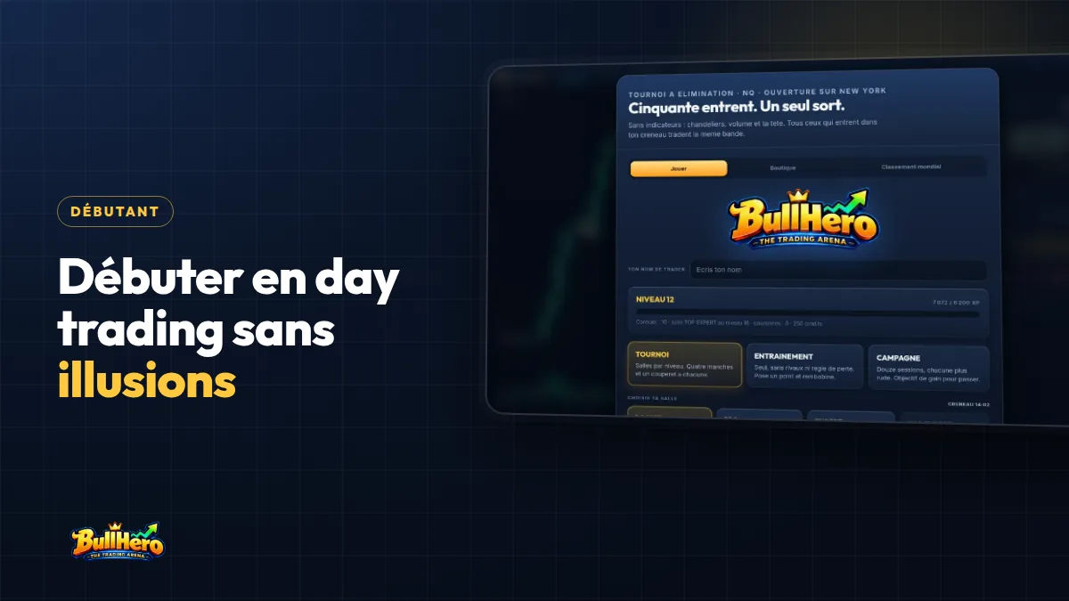 Day trading débutant : couverture bleu marine au titre doré avec l’écran d’accueil BullHero, le niveau 12 et les modes Tournoi, Entraînement, Campagne