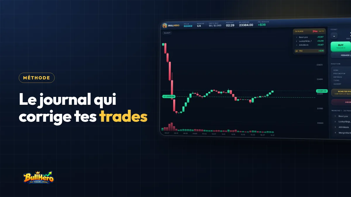 Journal de trading : couverture bleu marine au titre doré et capture BullHero d’un graphique NQ avec une position longue de 2 contrats en gain