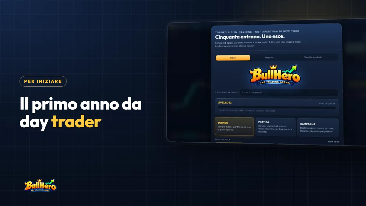 Day trading per principianti: copertina blu notte con titolo dorato e schermata iniziale di BullHero con livello 12 e modalità Torneo, Pratica e Campagna