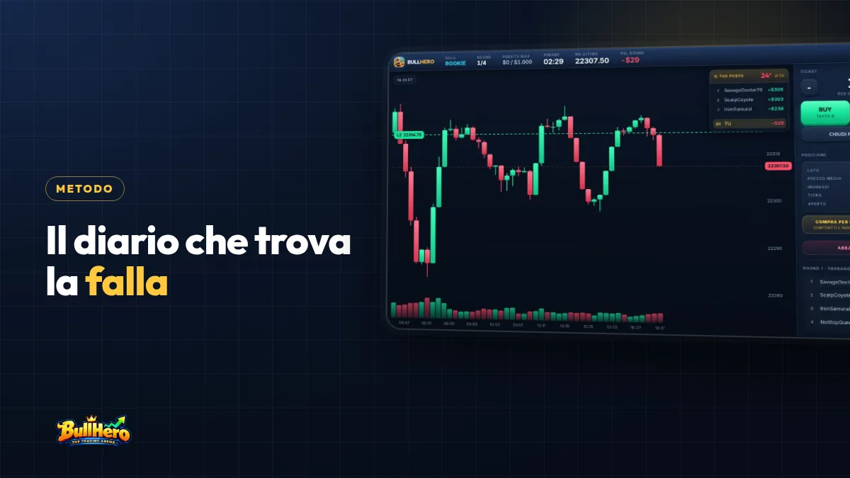 Diario di trading: copertina blu notte con titolo dorato e una schermata di BullHero con grafico NQ, posizione long in utile e ticket BUY e SELL