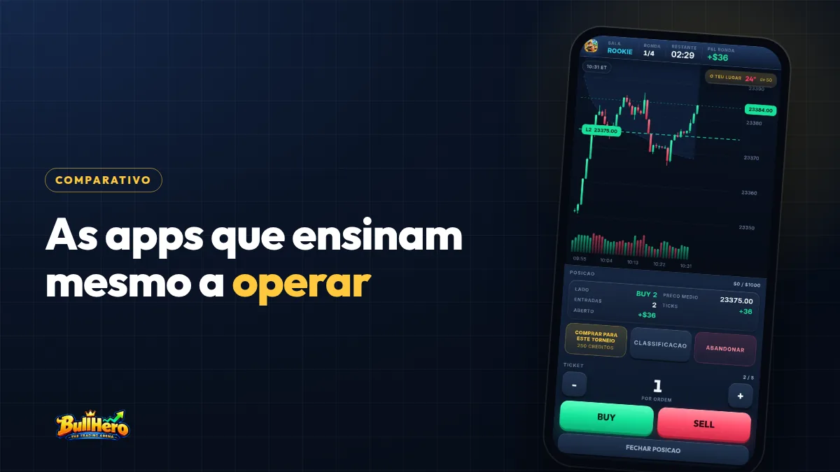 Apps para aprender trading: capa azul-marinho com título dourado e o BullHero num telemóvel com VWAP, posição em lucro e botões de compra e venda