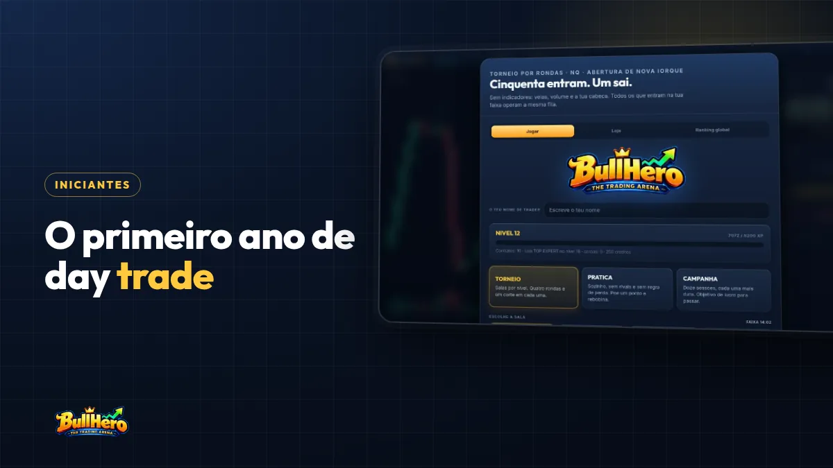 Day trade para iniciantes: capa azul-marinho com título dourado e o ecrã inicial do BullHero com o nível 12 e os modos Torneio, Prática e Campanha