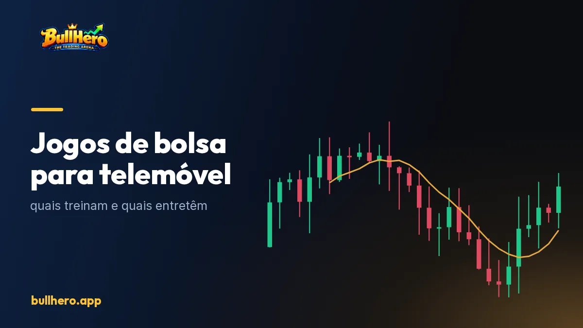 Jogo de trading no ecrã de um telemóvel com botões grandes de comprar e vender